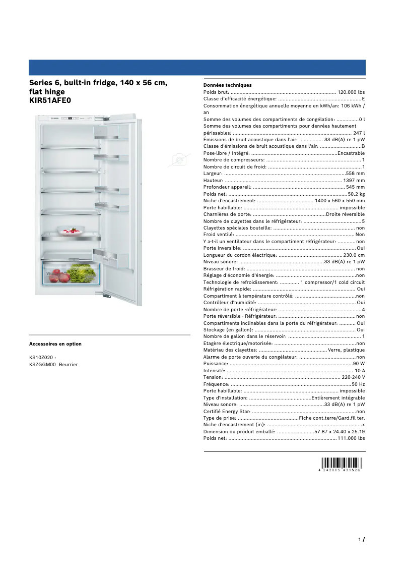 Página 1 del manual Ficha técnica Bosch KIR51AFE0