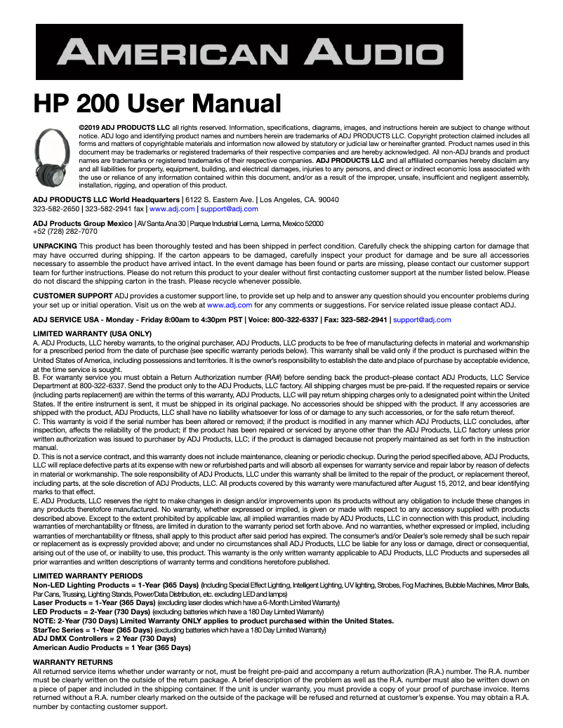 Page n°1 - Manuel utilisateur American Audio HP 200