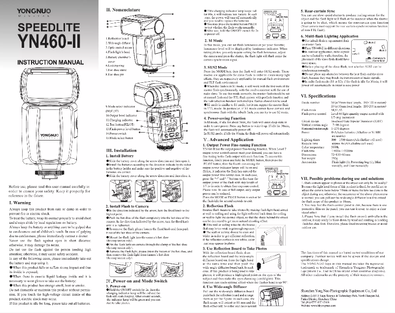 Page n°1 - Manuel utilisateur Yongnuo Speedlite YN460-II