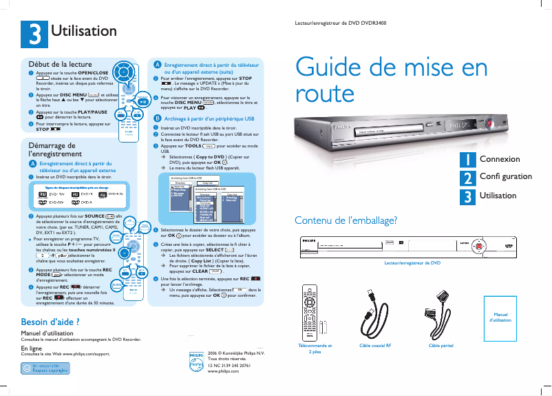 Page 1 de la notice Guide de démarrage rapide Philips DVDR3400