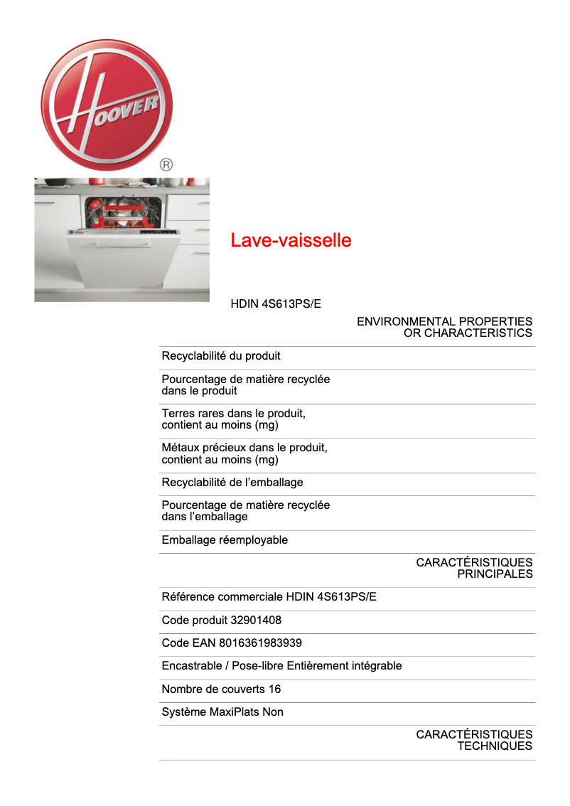 Page 1 de la notice Fiche technique Hoover H-DISH 700 HDIN 4S613PS-80