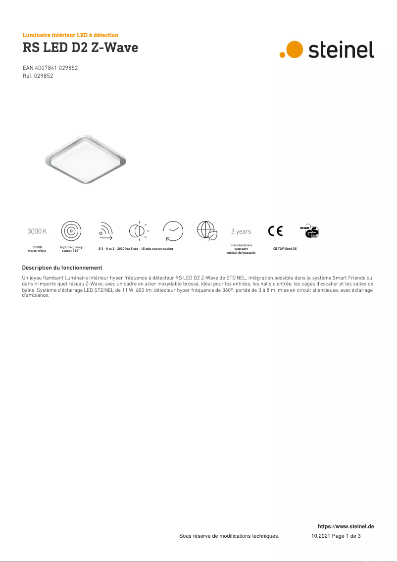 Page 1 de la notice Fiche technique Steinel RS LED D2 Z