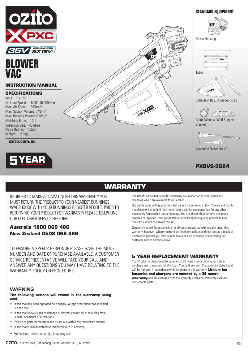 Página 1 del manual Manual de usuario Ozito PXBVS-3624