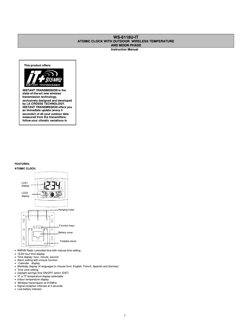 Page 1 de la notice Manuel utilisateur La Crosse Technology WS-6118AL-IT