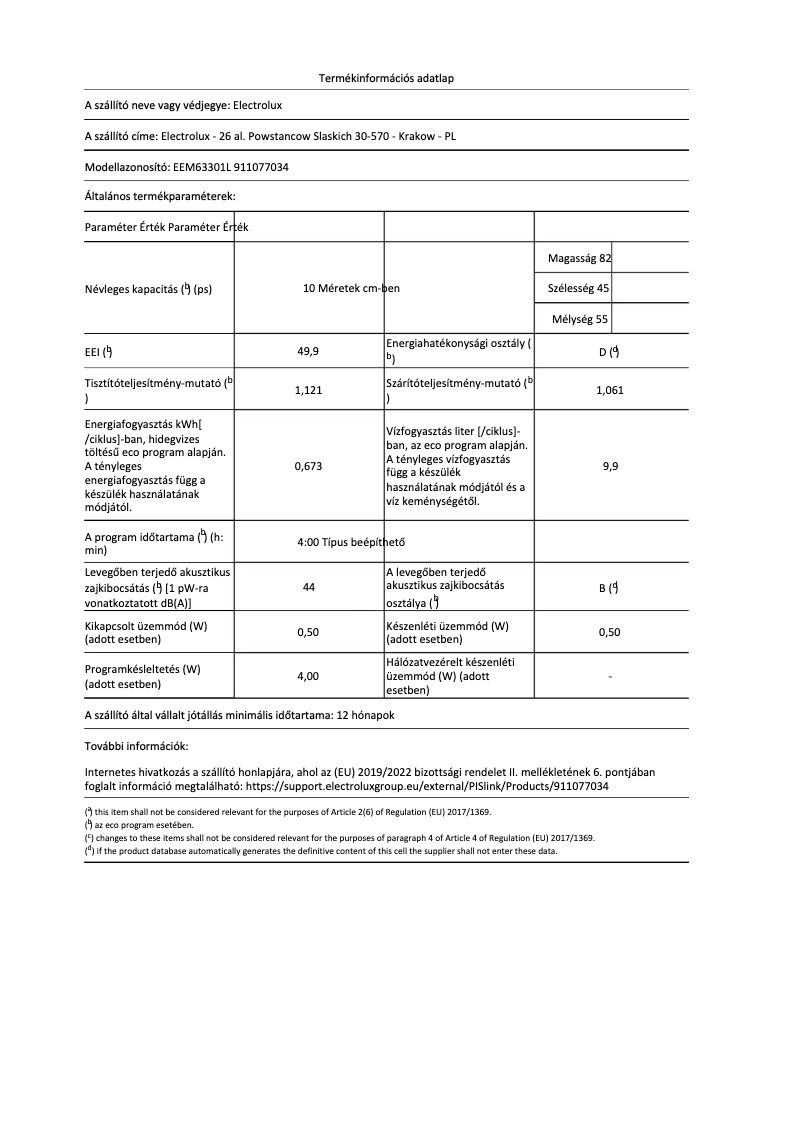 Page 1 de la notice Fiche technique Electrolux EEM63301L