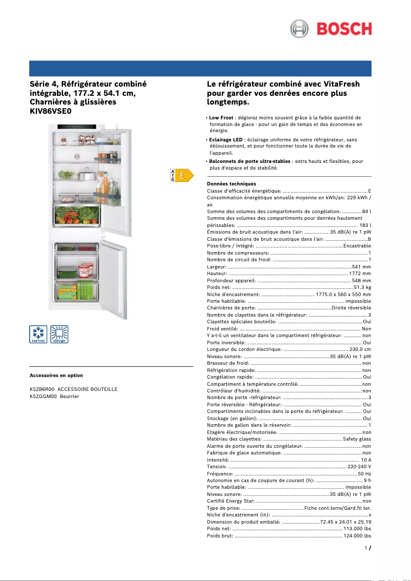 Page 1 de la notice Fiche technique Bosch KIV86VSE0