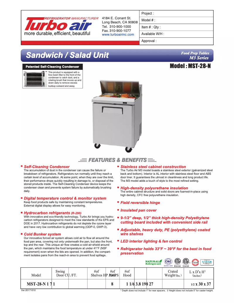Page 1 de la notice Fiche technique Turbo air MST-28