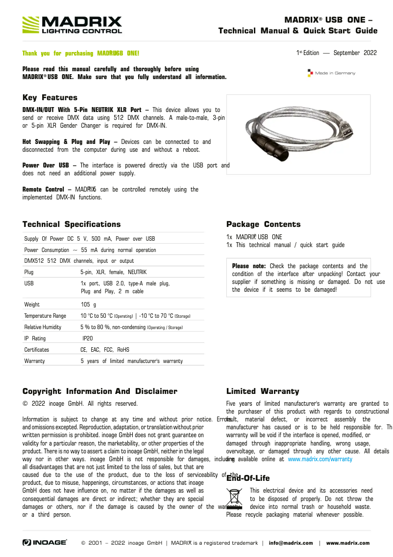 Page 1 de la notice Manuel utilisateur Madrix USB One