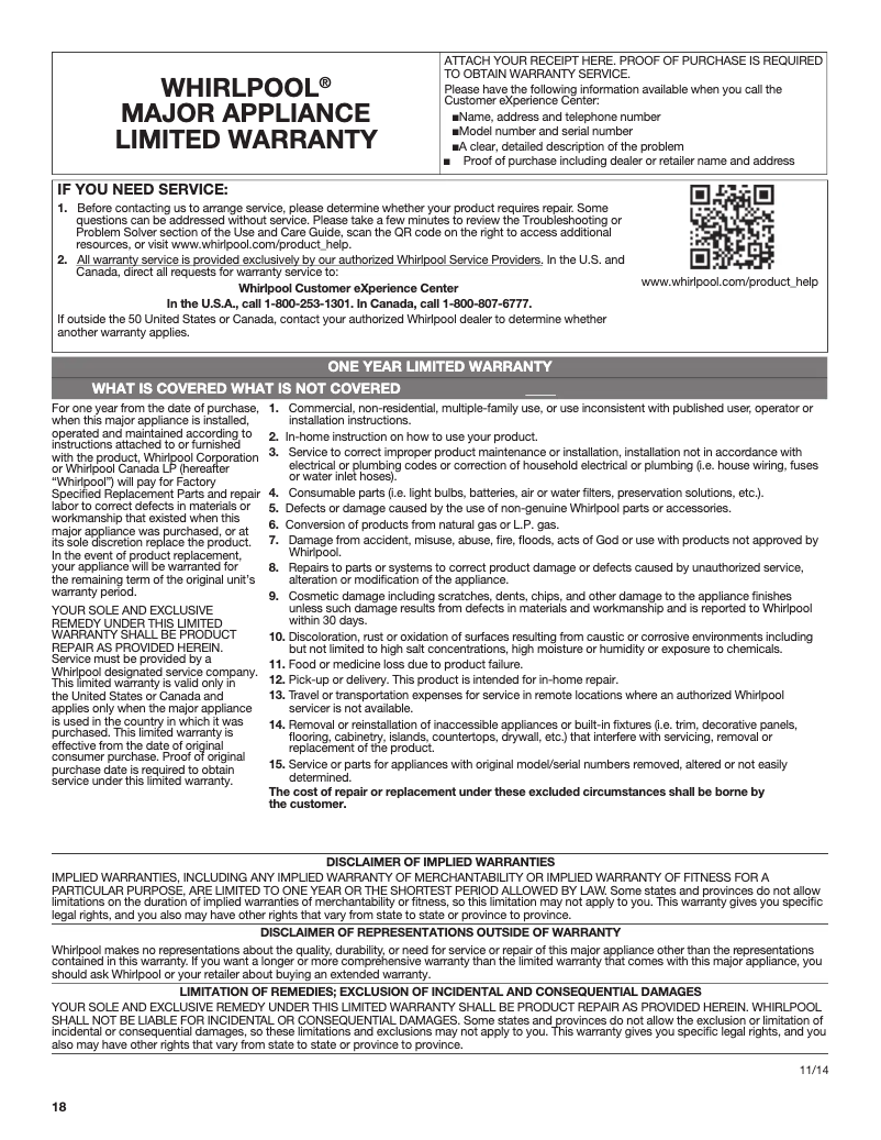 Page 1 de la notice Informations de garantie KitchenAid KVUB400GSS