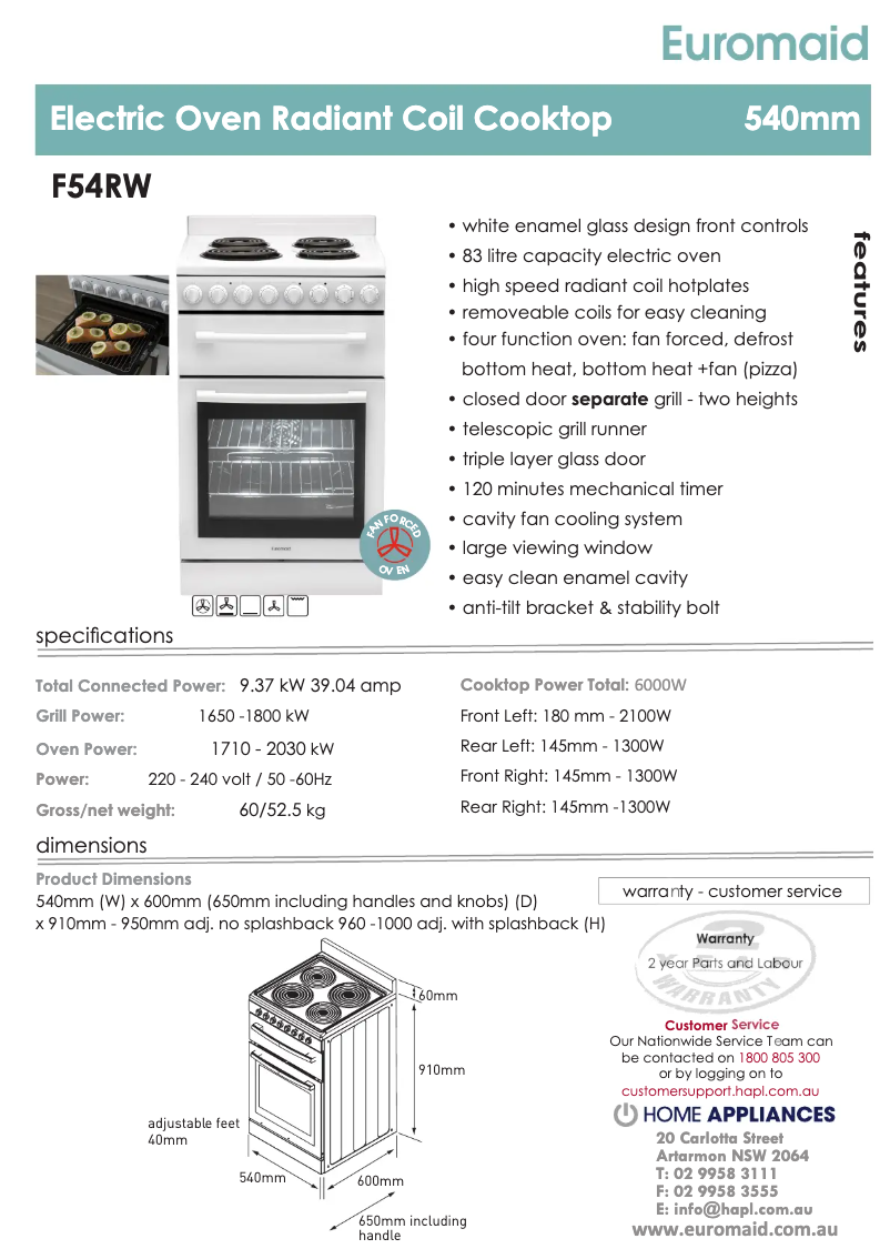 Página 1 del manual Ficha técnica Euromaid F54RW