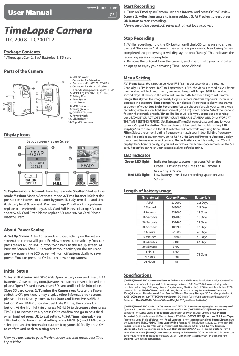 Page 1 de la notice Manuel utilisateur Brinno TLC200