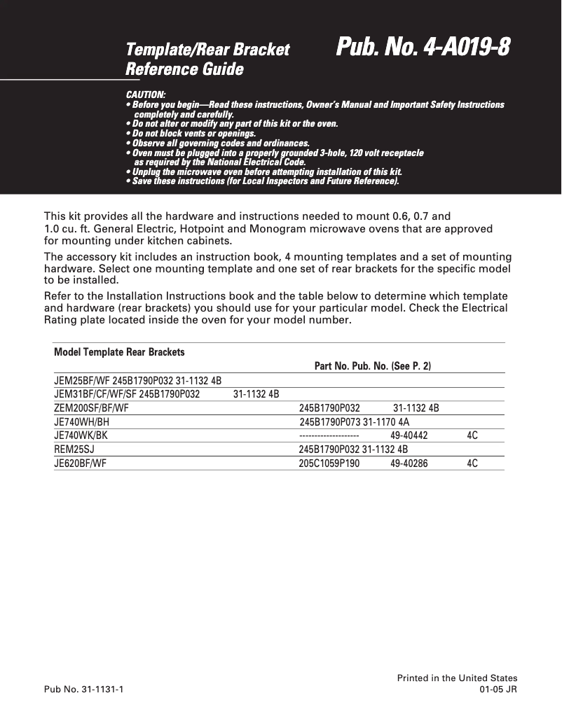 Page n°1 - Guide d'installation GE JE620BF