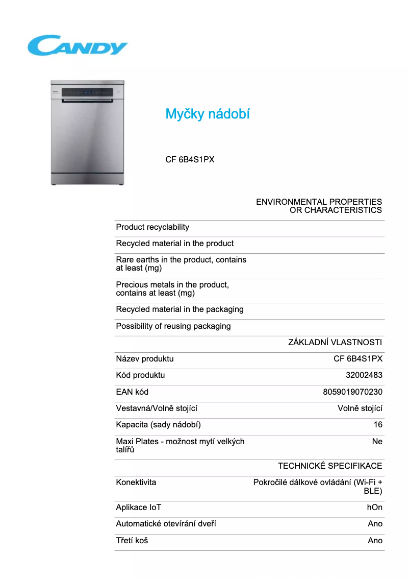 Page 1 de la notice Fiche technique Candy CF 6B4S1PX