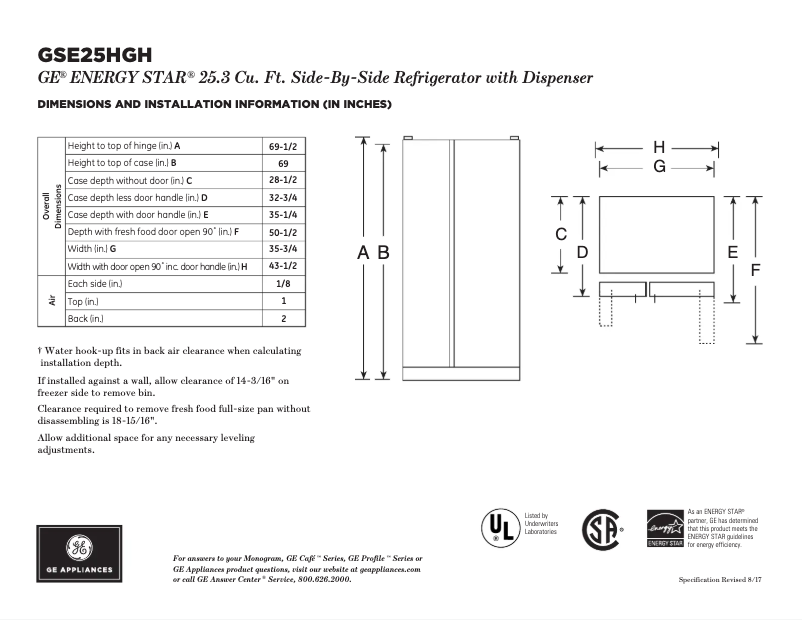 Página 1 del manual Ficha técnica GE GSE25HGHBB