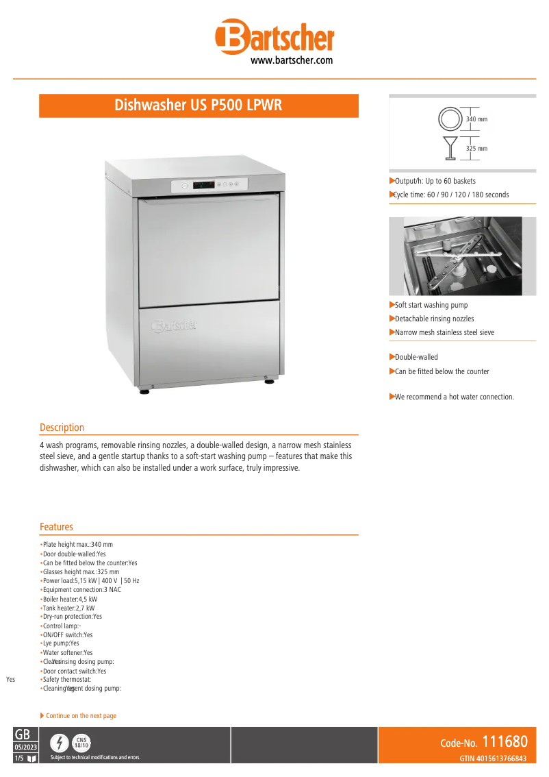 Page n°1 - Fiche technique Bartscher Electron 500 DA