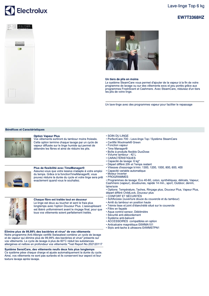 Page 1 de la notice Fiche technique Electrolux EW7T3368HZ
