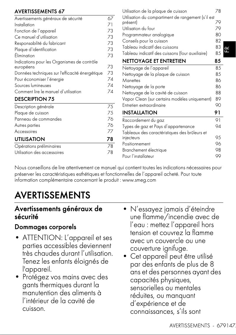 Page 1 de la notice Manuel utilisateur Smeg CX92GM