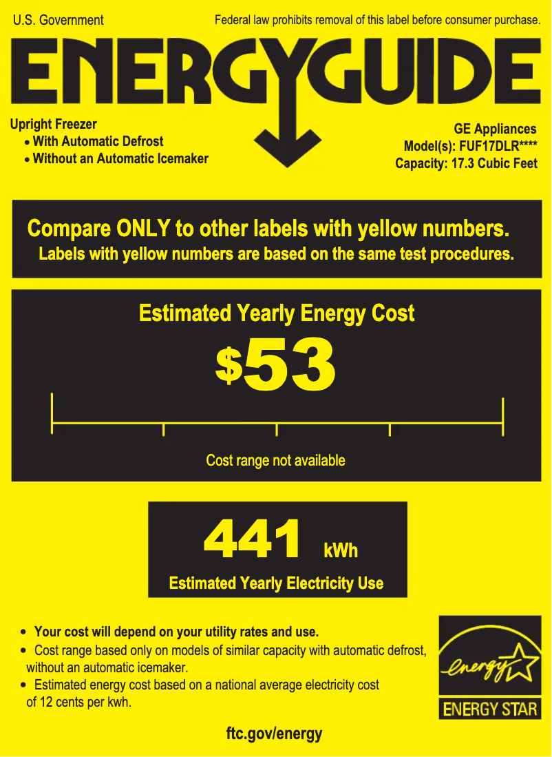 Page 1 of the manual Energy Label GE FUF17DLRWW