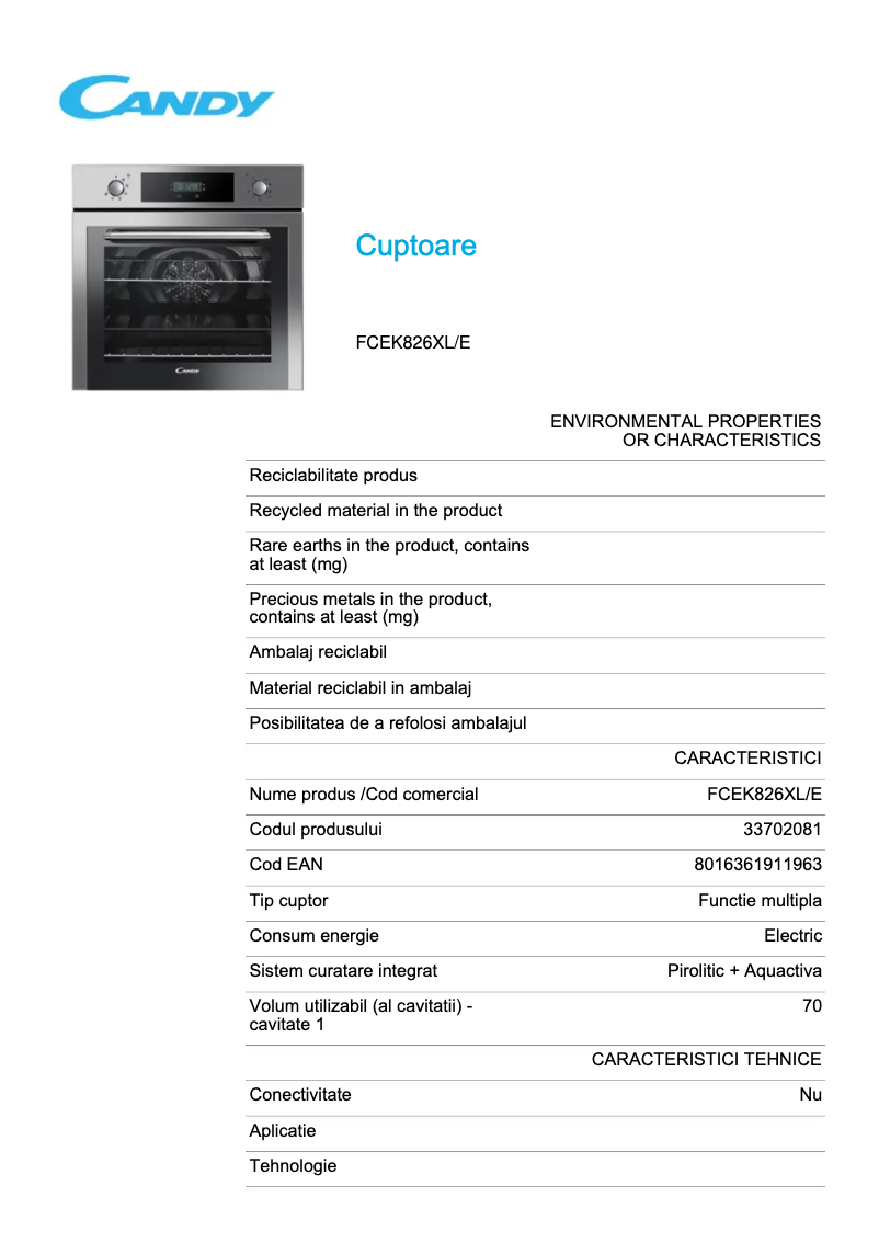Page 1 de la notice Fiche technique Candy FCEK826XL/E