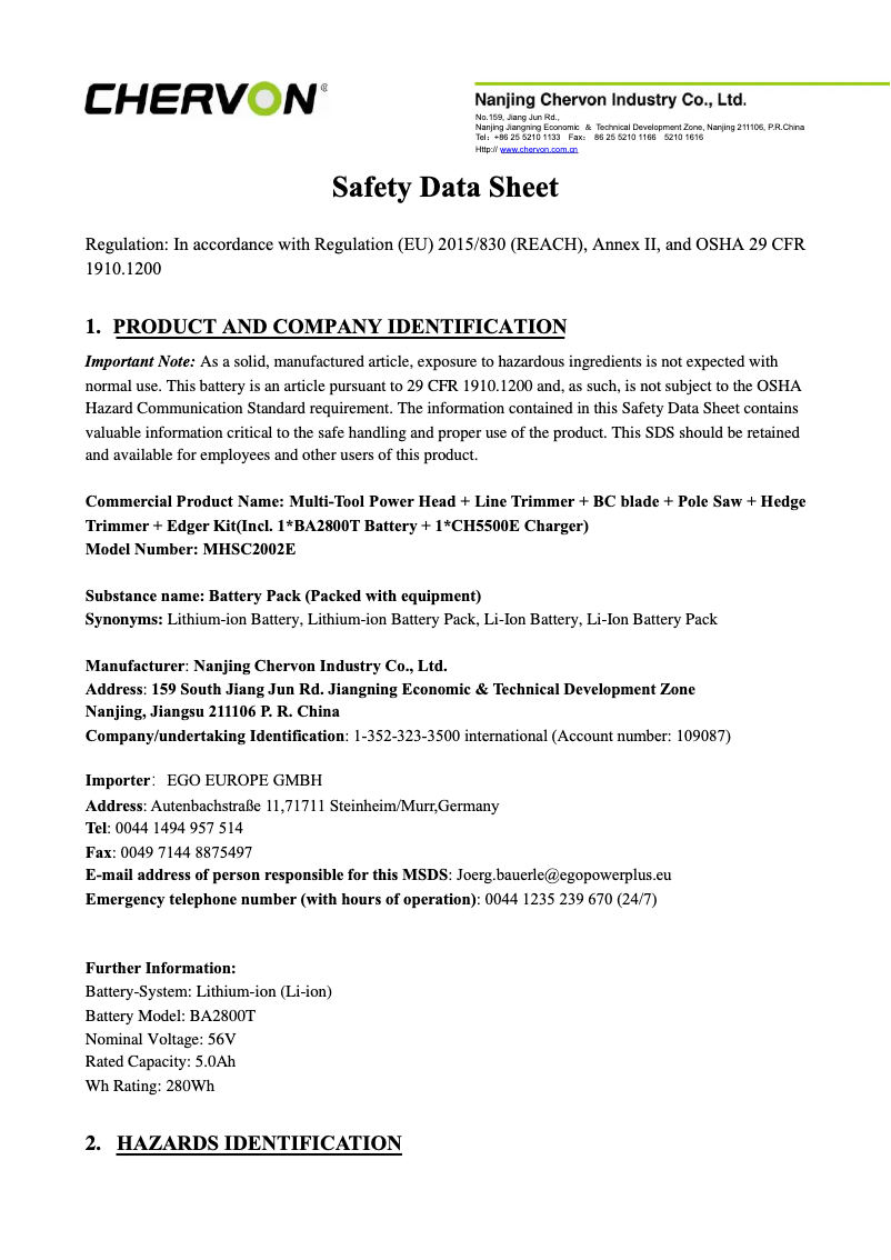 Page 1 of the manual Safety Instructions EGO MHSC2002E