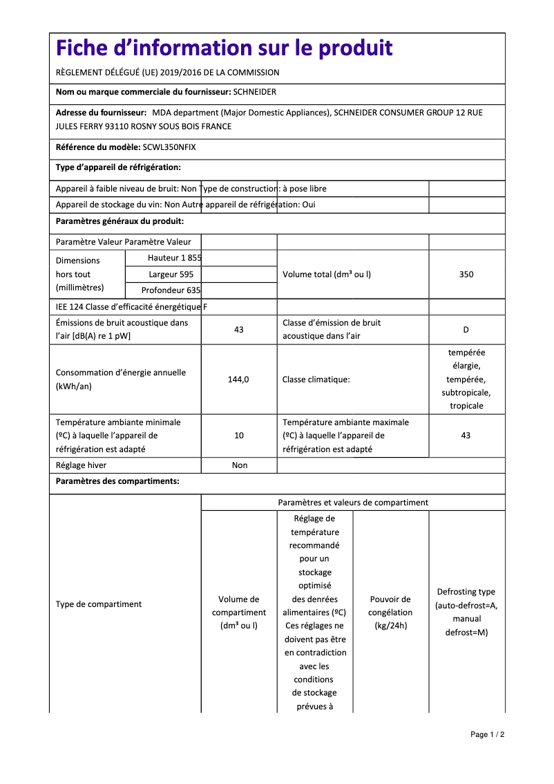 Page 1 de la notice Fiche technique Schneider SCWL350NFIX