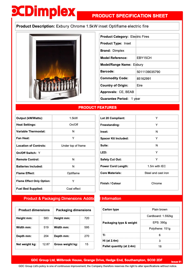 Página 1 del manual Ficha técnica Dimplex EBY15CH