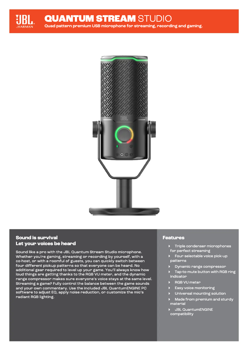 Page 1 de la notice Fiche technique JBL Quantum Stream Studio