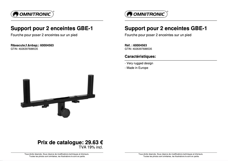 Page 1 de la notice Fiche technique Omnitronic GBE-1