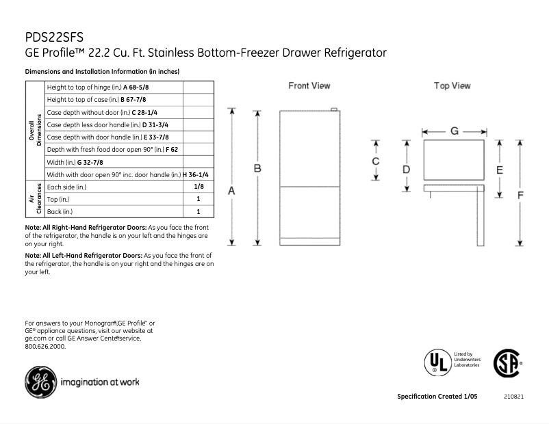 Page 1 de la notice Fiche technique GE Profile PDS22SFSLSS