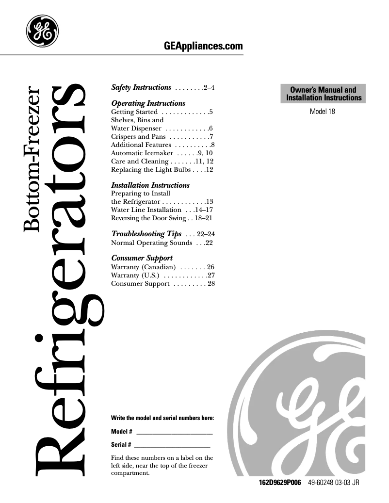 Page n°1 - Guide d'installation GE GBS18KBPCC
