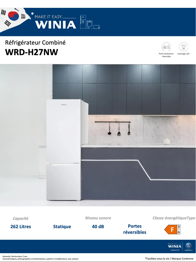 Page 1 de la notice Fiche technique Winia WRD-H27NW