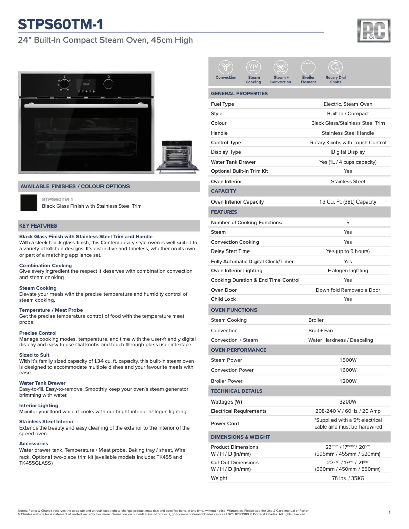 Page 1 de la notice Fiche technique Porter & Charles STPS60TM-1
