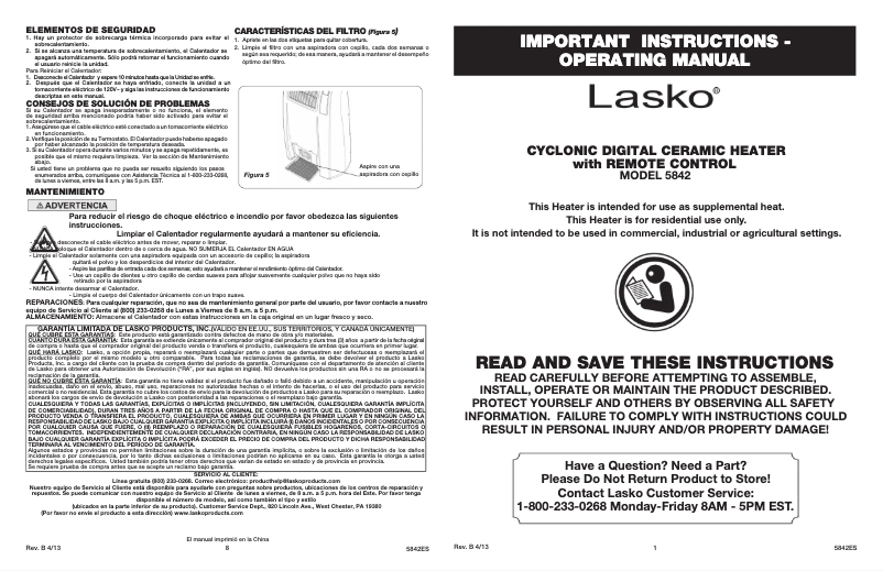 Page 1 de la notice Manuel utilisateur Lasko Digital Cyclonic Ceramic 5842