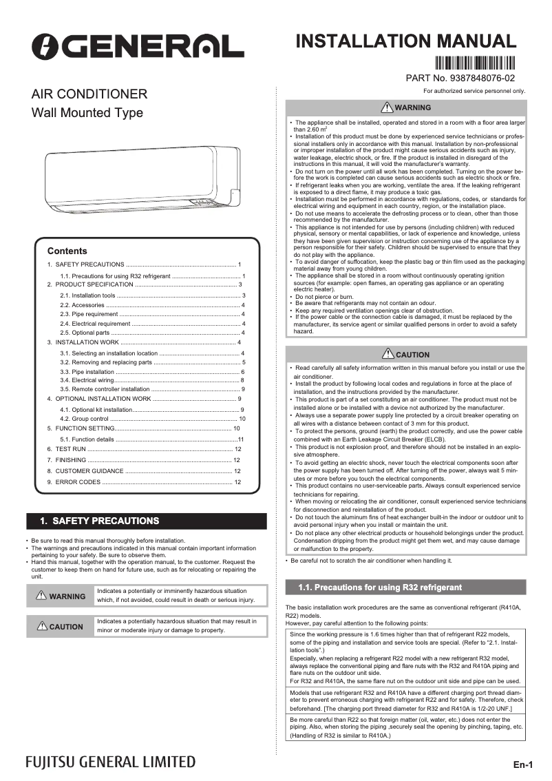 Page 1 de la notice Manuel utilisateur Fujitsu ASGG24CPTB-B