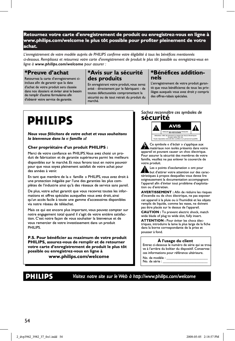 Page n°1 - Manuel utilisateur Philips DVP3962