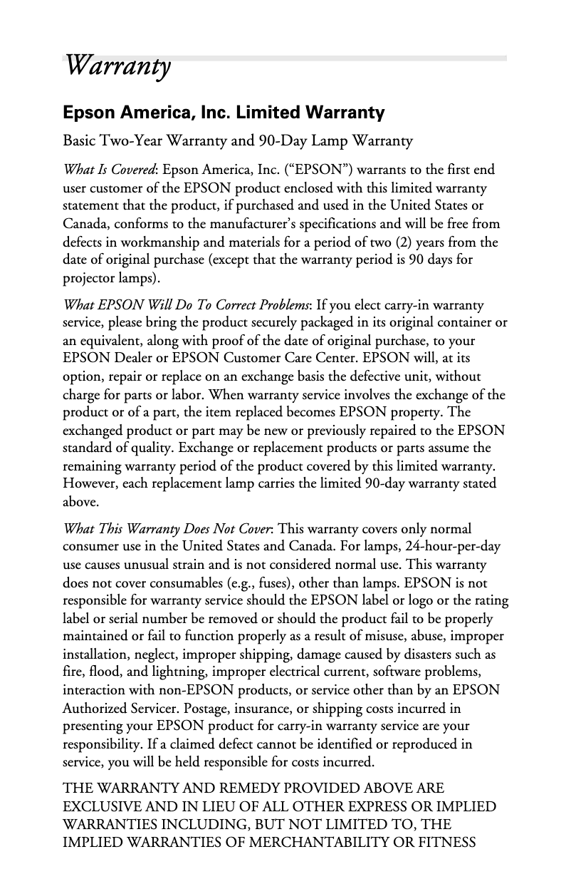 Page 1 de la notice Informations de garantie Epson PowerLite 8300NL