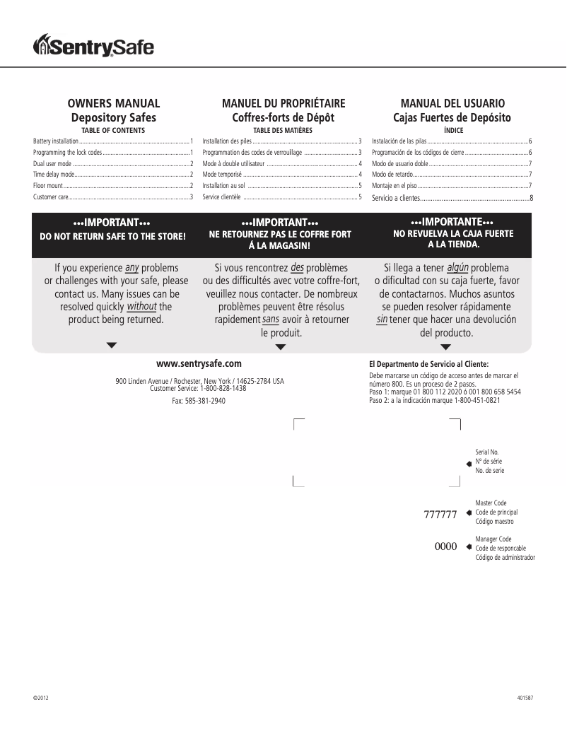 Page 1 de la notice Manuel utilisateur Sentry Depository Safe DH-134E