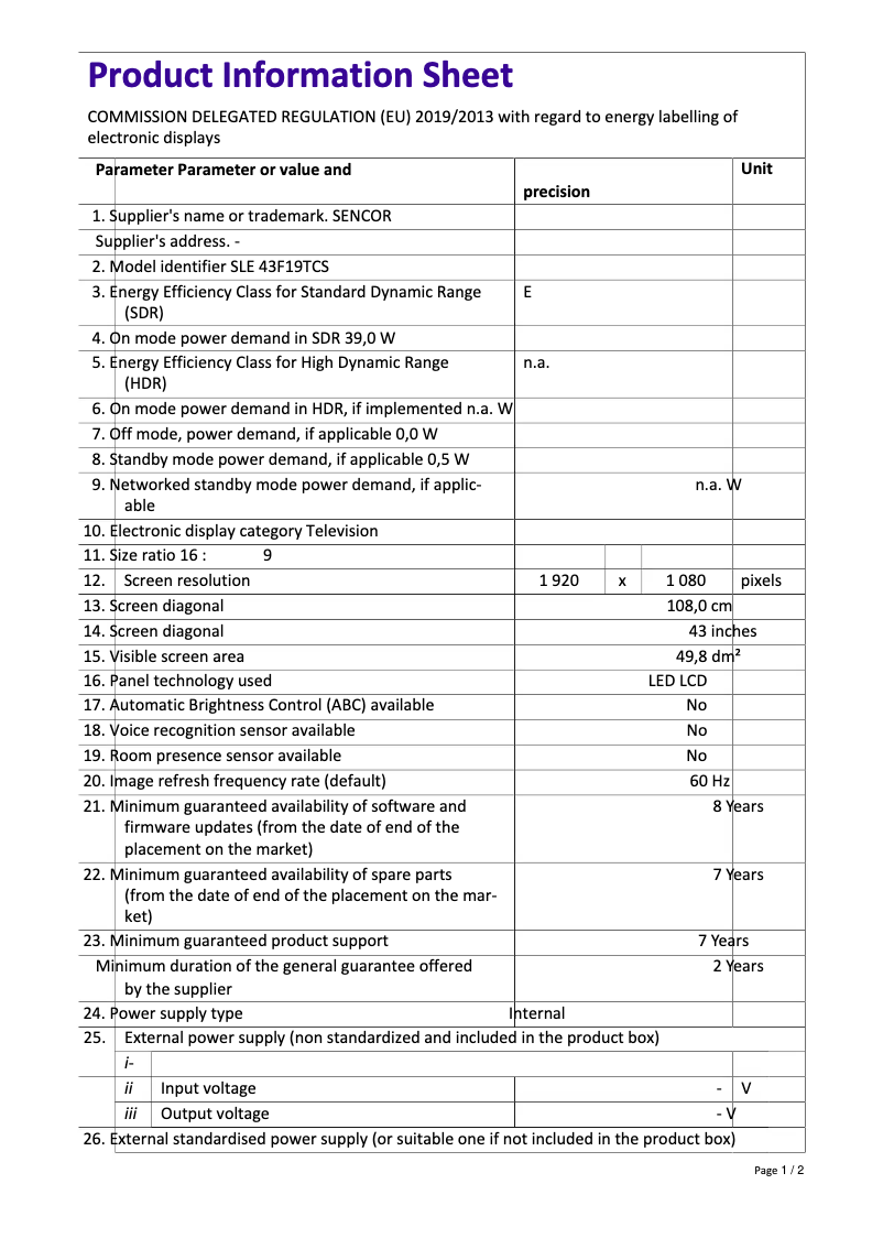 Página 1 del manual Ficha técnica Sencor SLE 43F19TCS