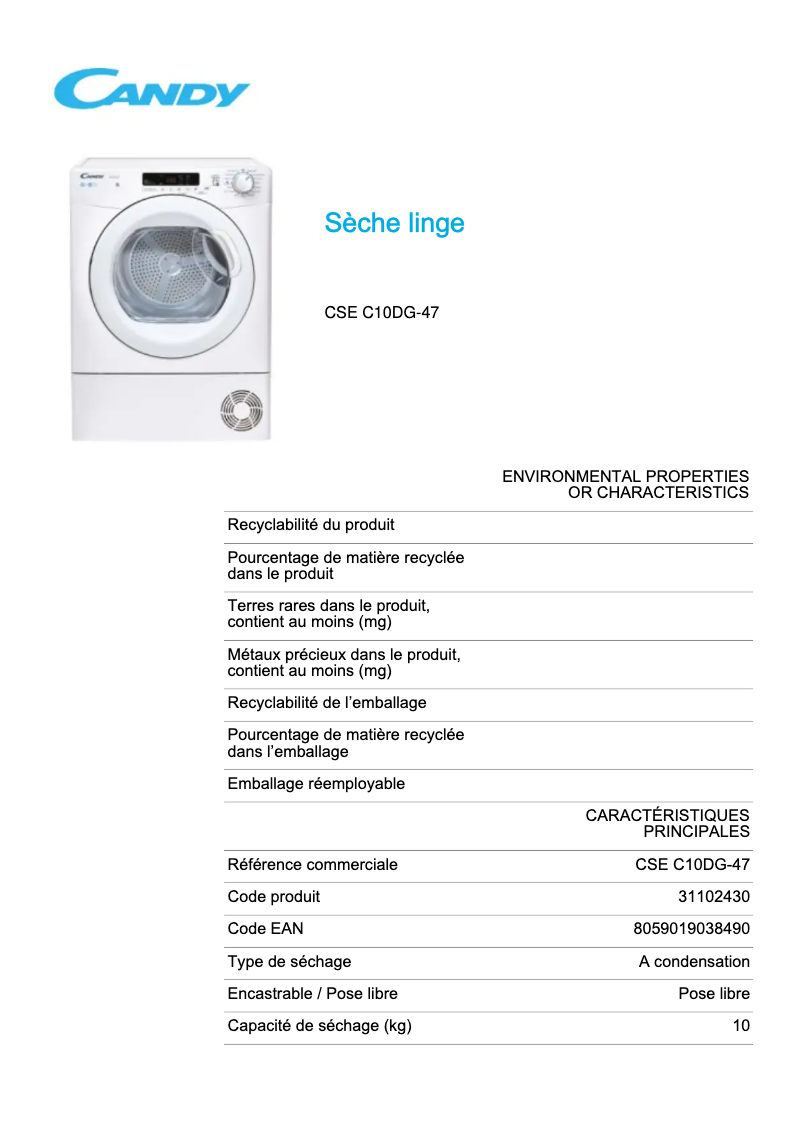 Page 1 de la notice Fiche technique Candy CSE C10DG-47