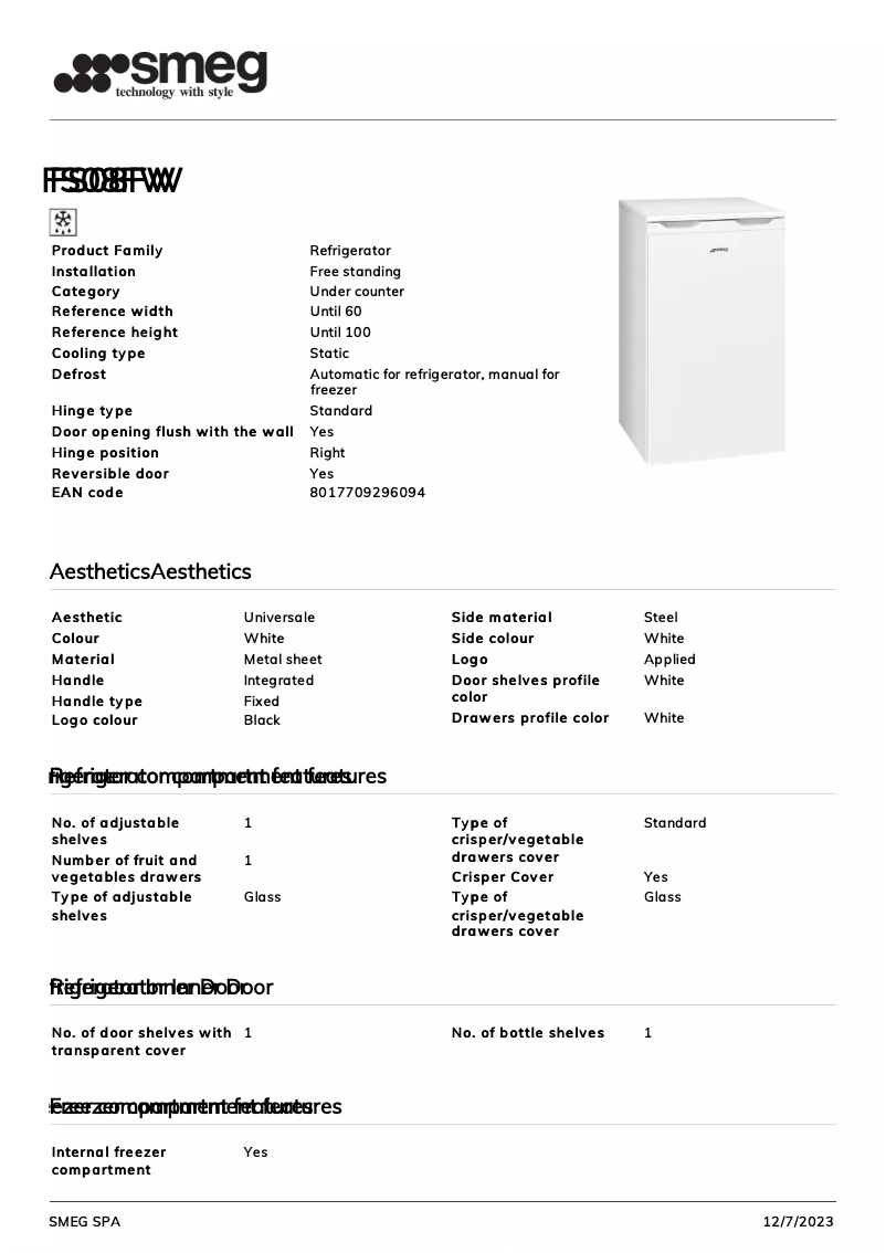 Page 1 de la notice Fiche technique Smeg FS08FW