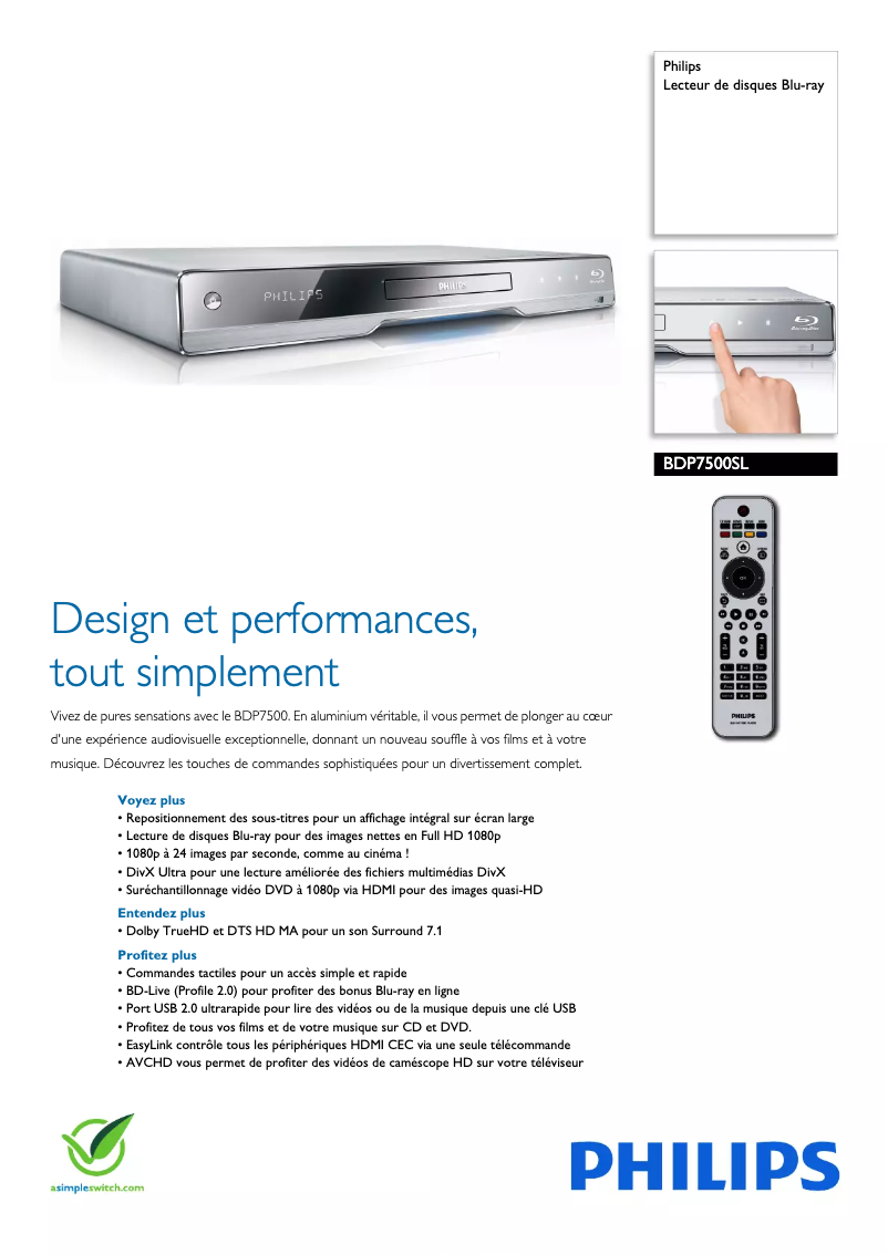 Page n°1 - Fiche technique Philips BDP7500SL