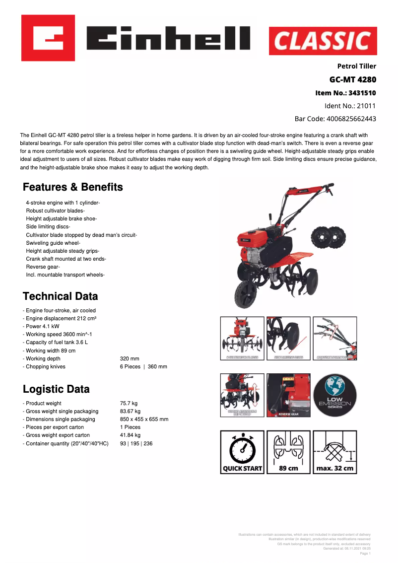 Page n°1 - Fiche technique Einhell GC-MT 4280