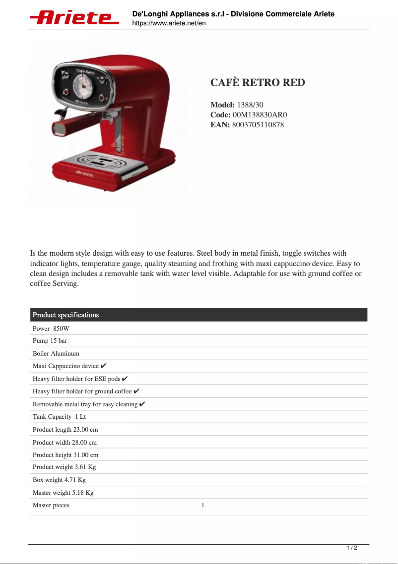 Page 1 de la notice Fiche technique Ariete Cafe Retro 1388