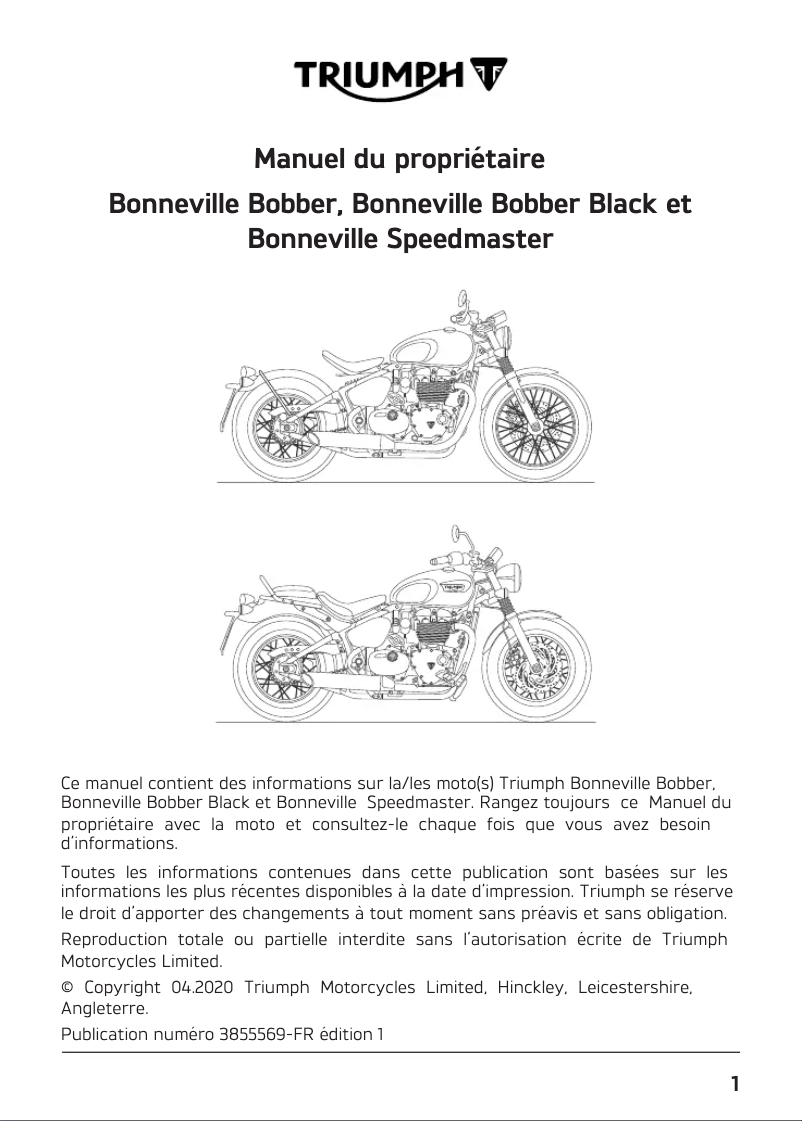 Image de la première page du manuel de l'appareil Bonneville Speedmaster (2020)