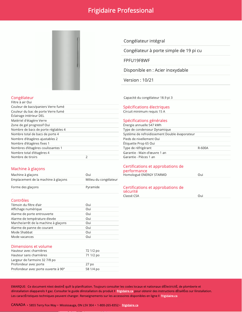 Image de la première page du manuel de l'appareil FPFU19F8WF