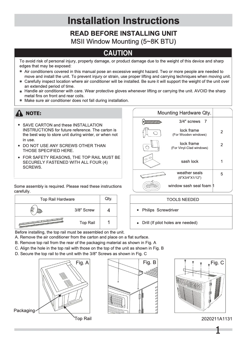 Page 1 de la notice Guide d'installation Frigidaire FRA083AT7