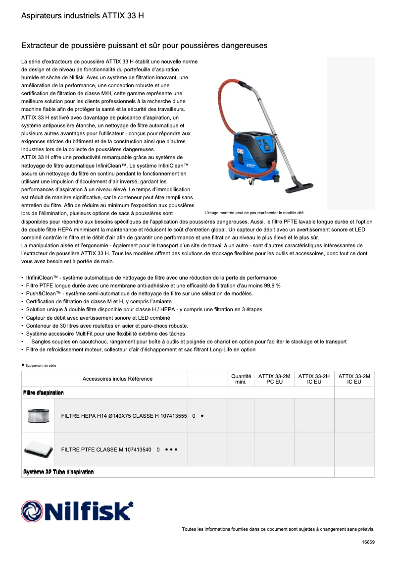 Page 1 de la notice Fiche technique Nilfisk Attix 33