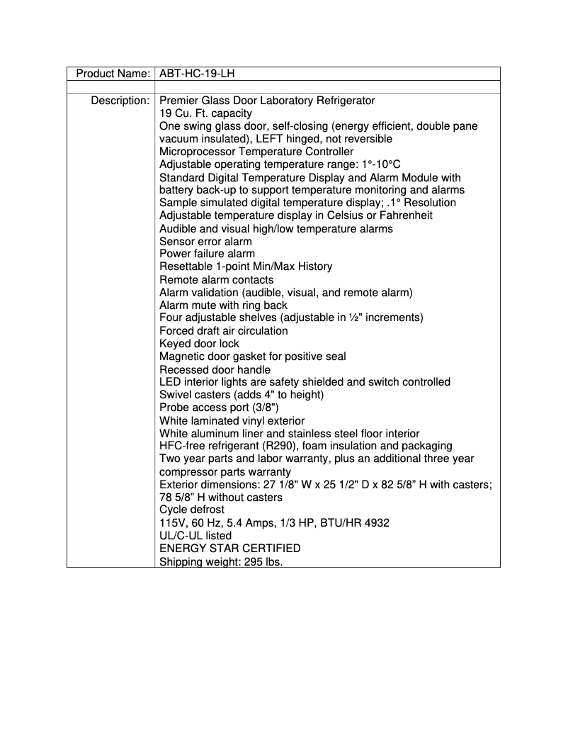 Page 1 de la notice Fiche technique American BioTech Supply ABT-HC-19-LH