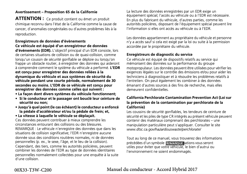 Page 1 de la notice Manuel utilisateur Honda Accord Hybrid (2017)