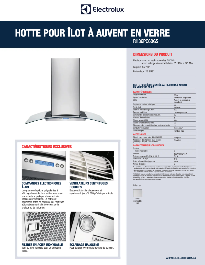 Page 1 de la notice Fiche technique Electrolux RH36PC60GS
